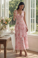 Load image into Gallery viewer, Pink V-Neck Floral A Line Maxi Beach Wedding Guest Dress with Ruffles