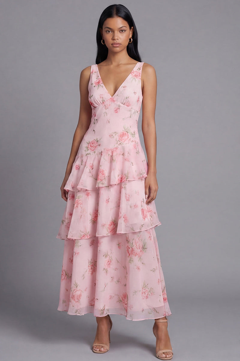 Load image into Gallery viewer, Pink V-Neck Floral A Line Maxi Beach Wedding Guest Dress with Ruffles