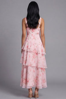 Pink V-Neck Floral A Line Maxi Beach Wedding Guest Dress with Ruffles