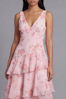 Load image into Gallery viewer, Pink V-Neck Floral A Line Maxi Beach Wedding Guest Dress with Ruffles