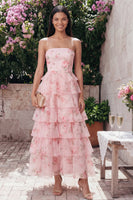 Load image into Gallery viewer, A Line Floral Strapless Maxi Pink Beach Wedding Guest Dress with Ruffles
