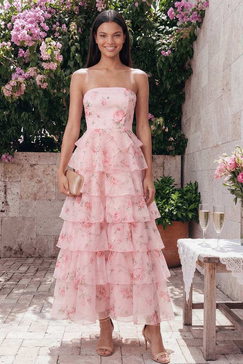 Load image into Gallery viewer, A Line Floral Strapless Maxi Pink Beach Wedding Guest Dress with Ruffles