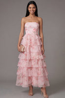 Load image into Gallery viewer, A Line Floral Strapless Maxi Pink Beach Wedding Guest Dress with Ruffles