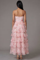 Load image into Gallery viewer, A Line Floral Strapless Maxi Pink Beach Wedding Guest Dress with Ruffles