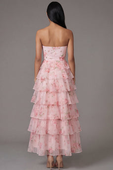 A Line Floral Strapless Maxi Pink Beach Wedding Guest Dress with Ruffles