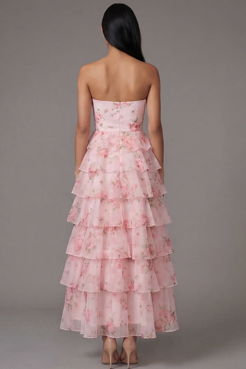 Load image into Gallery viewer, A Line Floral Strapless Maxi Pink Beach Wedding Guest Dress with Ruffles