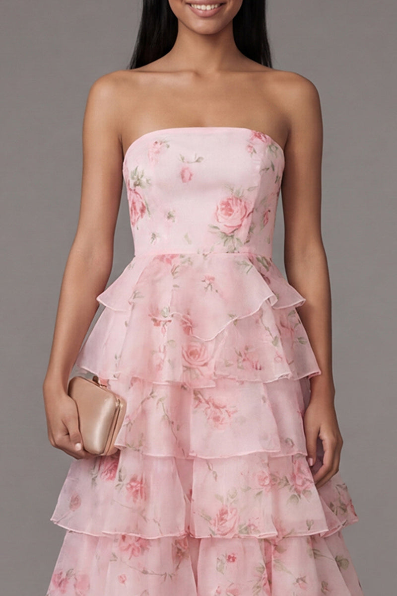 Load image into Gallery viewer, A Line Floral Strapless Maxi Pink Beach Wedding Guest Dress with Ruffles