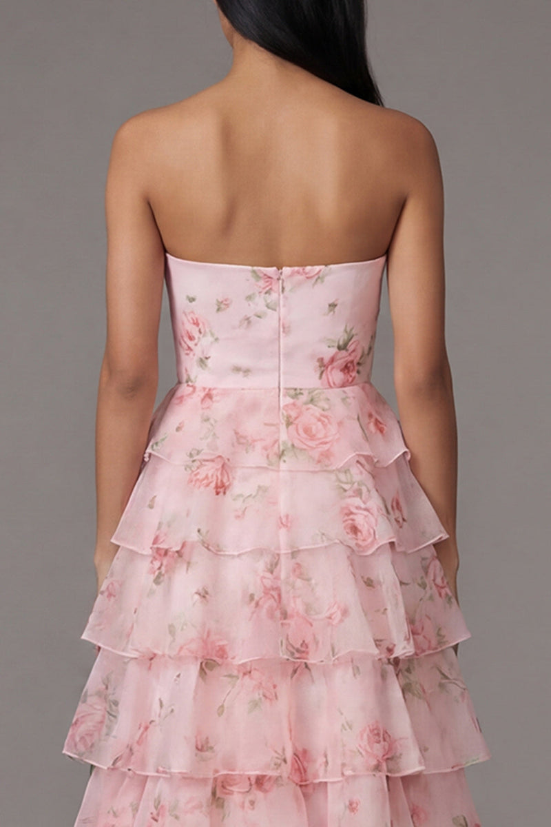 Load image into Gallery viewer, A Line Floral Strapless Maxi Pink Beach Wedding Guest Dress with Ruffles