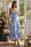 Load image into Gallery viewer, Floral A Line Strapless Blue Maxi Beach Wedding Guest Dress with Ruffles