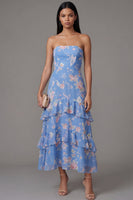 Load image into Gallery viewer, Floral A Line Strapless Blue Maxi Beach Wedding Guest Dress with Ruffles