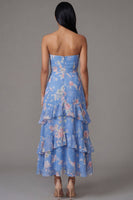 Load image into Gallery viewer, Floral A Line Strapless Blue Maxi Beach Wedding Guest Dress with Ruffles