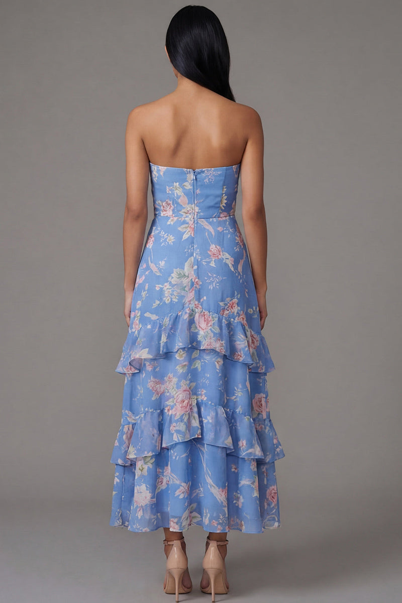Load image into Gallery viewer, Floral A Line Strapless Blue Maxi Beach Wedding Guest Dress with Ruffles