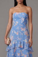 Load image into Gallery viewer, Floral A Line Strapless Blue Maxi Beach Wedding Guest Dress with Ruffles