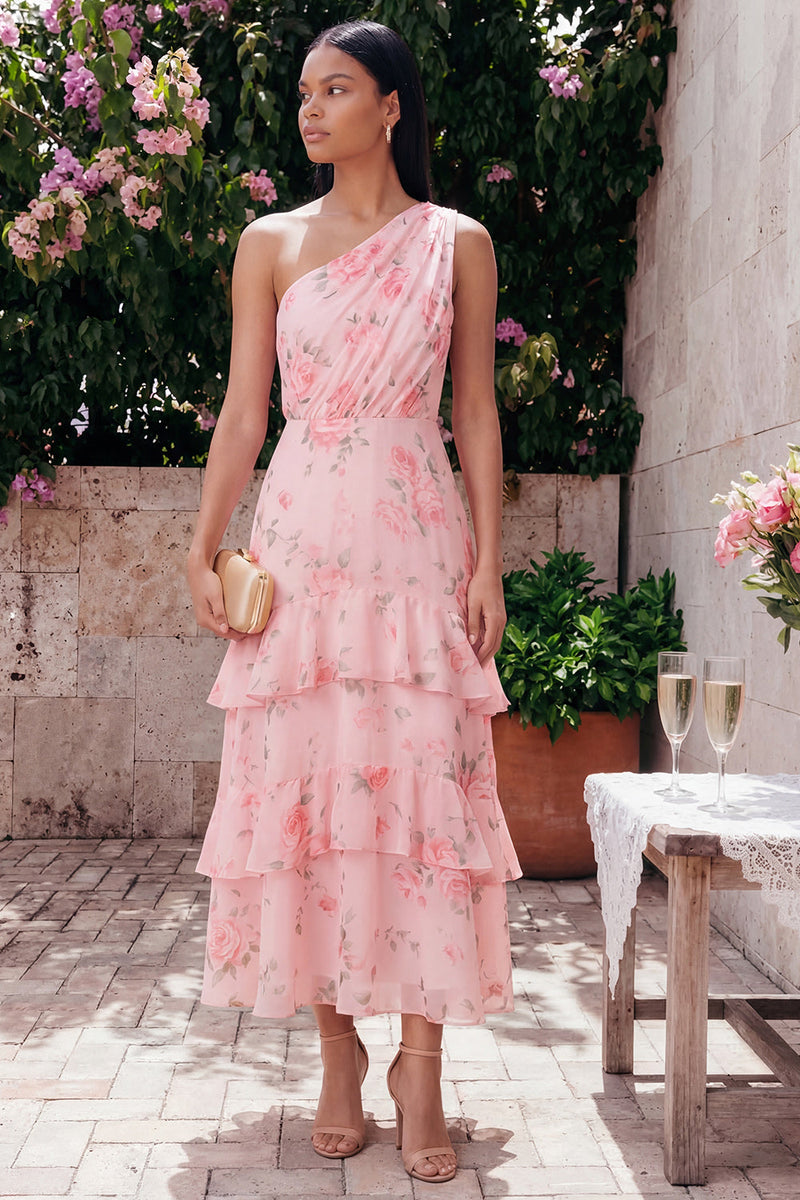 Load image into Gallery viewer, One Shoulder Floral Ruched Maxi A Line Pink Beach Wedding Guest Dress with Ruffles