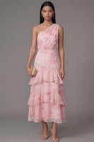 Load image into Gallery viewer, One Shoulder Floral Ruched Maxi A Line Pink Beach Wedding Guest Dress with Ruffles