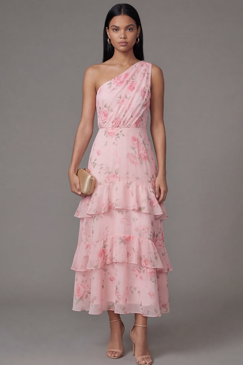 Load image into Gallery viewer, One Shoulder Floral Ruched Maxi A Line Pink Beach Wedding Guest Dress with Ruffles