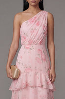 Load image into Gallery viewer, One Shoulder Floral Ruched Maxi A Line Pink Beach Wedding Guest Dress with Ruffles