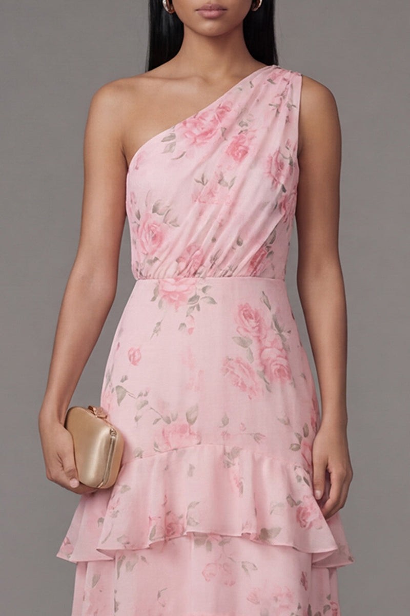 Load image into Gallery viewer, One Shoulder Floral Ruched Maxi A Line Pink Beach Wedding Guest Dress with Ruffles