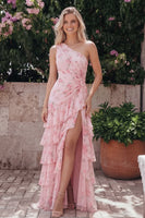 Load image into Gallery viewer, Ruffled Floral Maxi A Line Ruched Pink Beach Wedding Guest Dress with Slit