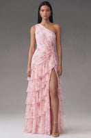 Load image into Gallery viewer, Ruffled Floral Maxi A Line Ruched Pink Beach Wedding Guest Dress with Slit