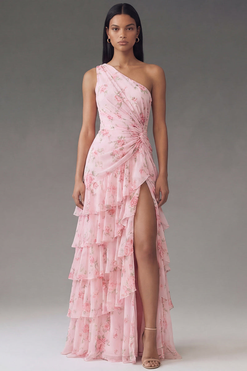 Load image into Gallery viewer, Ruffled Floral Maxi A Line Ruched Pink Beach Wedding Guest Dress with Slit