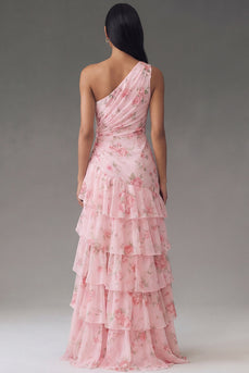Ruffled Floral Maxi A Line Ruched Pink Beach Wedding Guest Dress with Slit