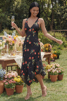 Load image into Gallery viewer, V-Neck A Line Floral Black Asymmetrical Beach Wedding Guest Dress