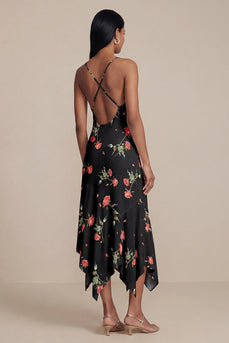 V-Neck A Line Floral Black Asymmetrical Beach Wedding Guest Dress