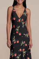 Load image into Gallery viewer, V-Neck A Line Floral Black Asymmetrical Beach Wedding Guest Dress