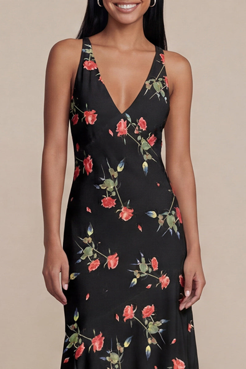 Load image into Gallery viewer, V-Neck A Line Floral Black Asymmetrical Beach Wedding Guest Dress