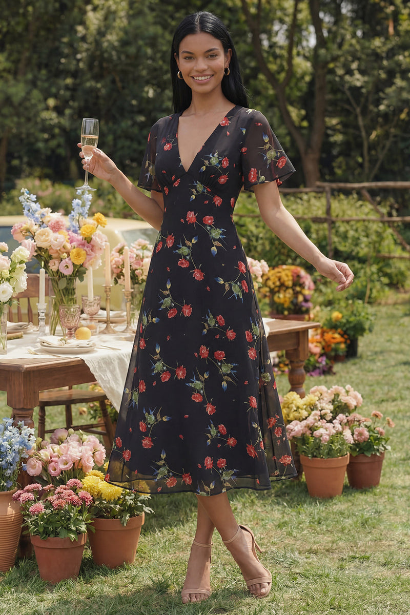 Load image into Gallery viewer, Maxi Black V-Neck Floral A Line Beach Wedding Guest Dress