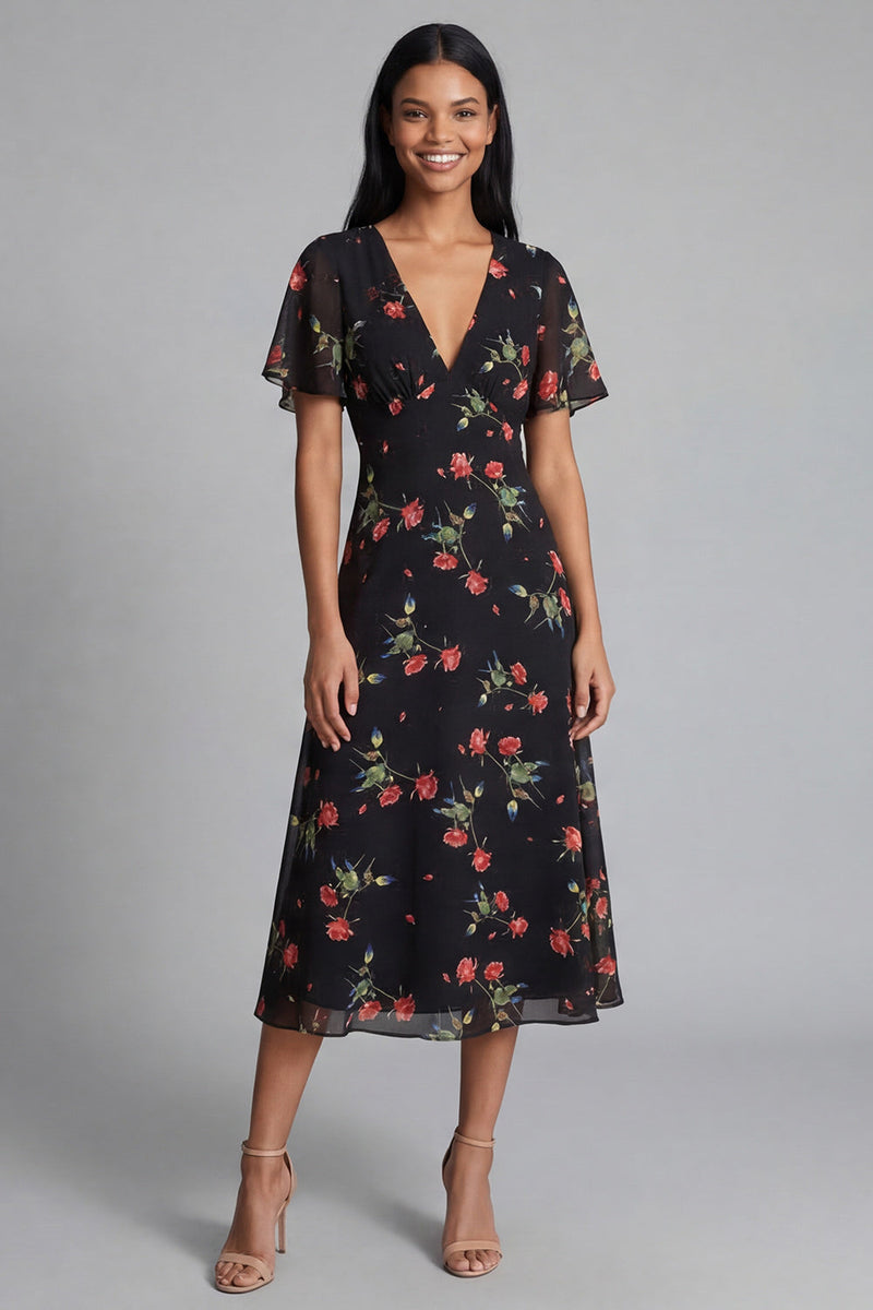 Load image into Gallery viewer, Maxi Black V-Neck Floral A Line Beach Wedding Guest Dress