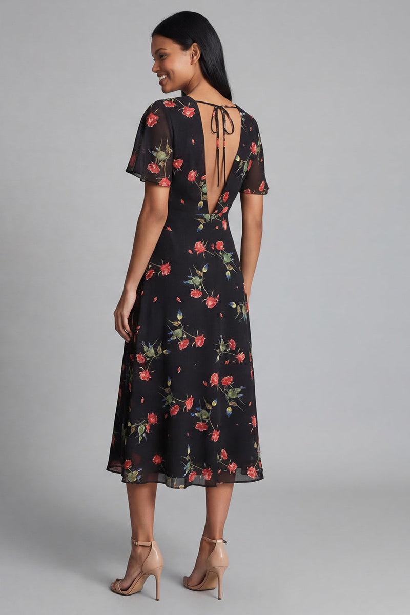 Load image into Gallery viewer, Maxi Black V-Neck Floral A Line Beach Wedding Guest Dress
