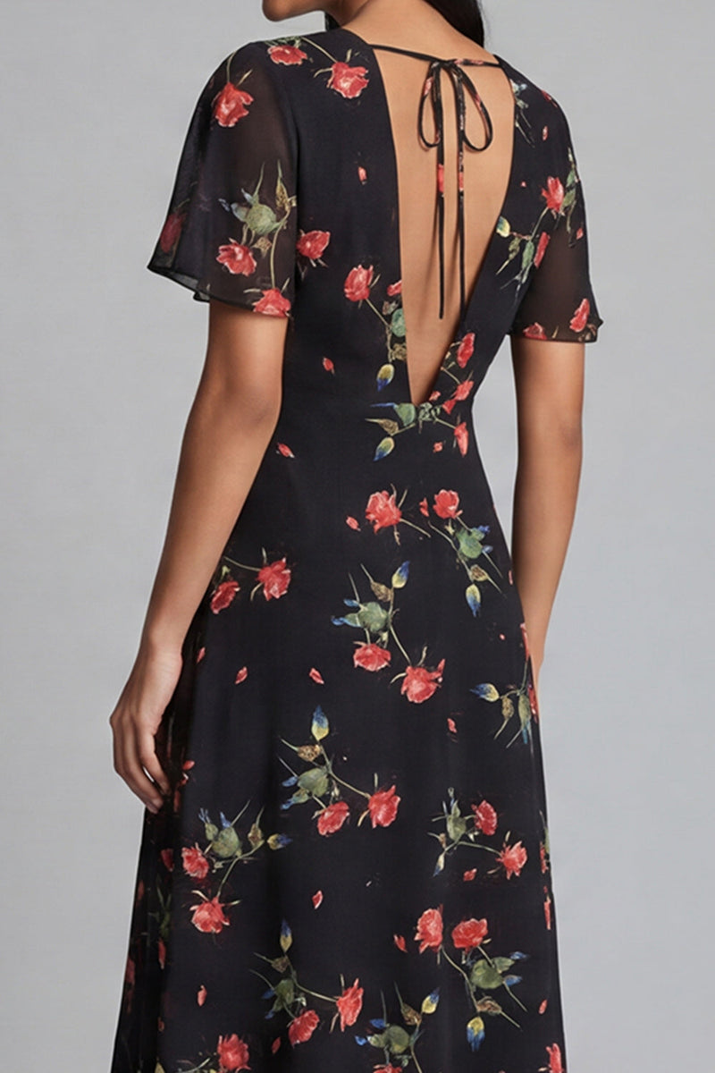 Load image into Gallery viewer, Maxi Black V-Neck Floral A Line Beach Wedding Guest Dress