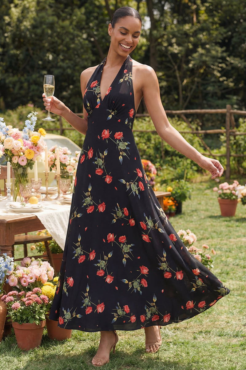 Load image into Gallery viewer, Halter Black Floral A Line Maxi Beach Wedding Guest Dress