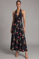 Load image into Gallery viewer, Halter Black Floral A Line Maxi Beach Wedding Guest Dress
