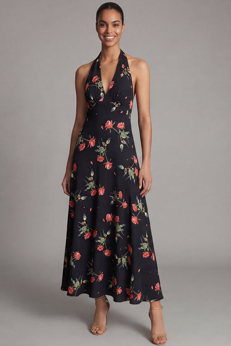 Load image into Gallery viewer, Halter Black Floral A Line Maxi Beach Wedding Guest Dress