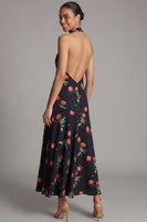 Load image into Gallery viewer, Halter Black Floral A Line Maxi Beach Wedding Guest Dress