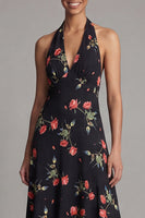 Load image into Gallery viewer, Halter Black Floral A Line Maxi Beach Wedding Guest Dress