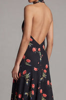 Load image into Gallery viewer, Halter Black Floral A Line Maxi Beach Wedding Guest Dress