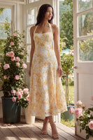 Load image into Gallery viewer, Halter Yellow A Line Floral Maxi Lace Wedding Guest Dress with Bow
