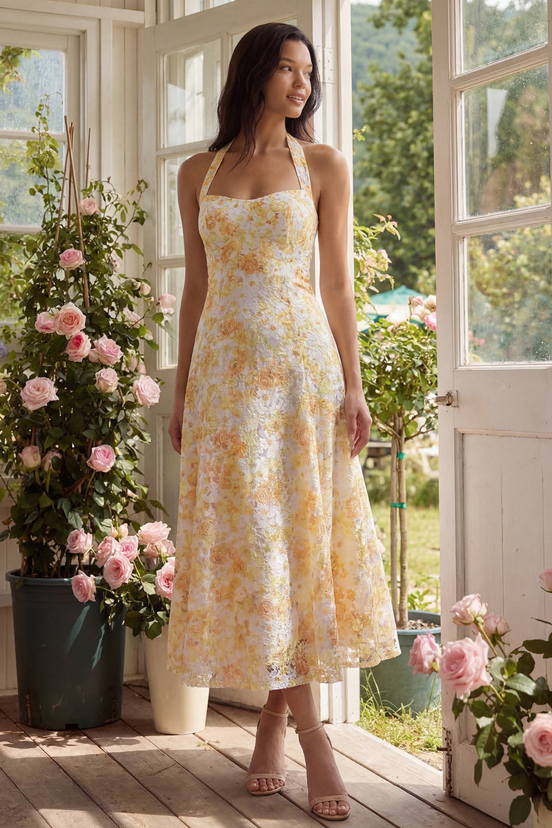 Load image into Gallery viewer, Halter Yellow A Line Floral Maxi Lace Wedding Guest Dress with Bow