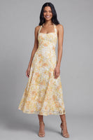 Load image into Gallery viewer, Halter Yellow A Line Floral Maxi Lace Wedding Guest Dress with Bow