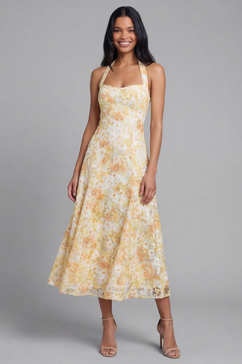 Load image into Gallery viewer, Halter Yellow A Line Floral Maxi Lace Wedding Guest Dress with Bow