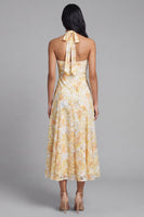 Load image into Gallery viewer, Halter Yellow A Line Floral Maxi Lace Wedding Guest Dress with Bow