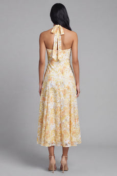 Halter Yellow A Line Floral Maxi Lace Wedding Guest Dress with Bow
