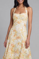 Load image into Gallery viewer, Halter Yellow A Line Floral Maxi Lace Wedding Guest Dress with Bow