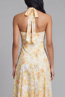 Load image into Gallery viewer, Halter Yellow A Line Floral Maxi Lace Wedding Guest Dress with Bow