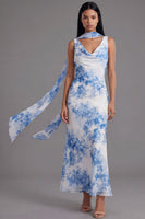 Load image into Gallery viewer, White Blue Flower Mermaid Neck Scarf Floral Maxi Beach Wedding Guest Dress