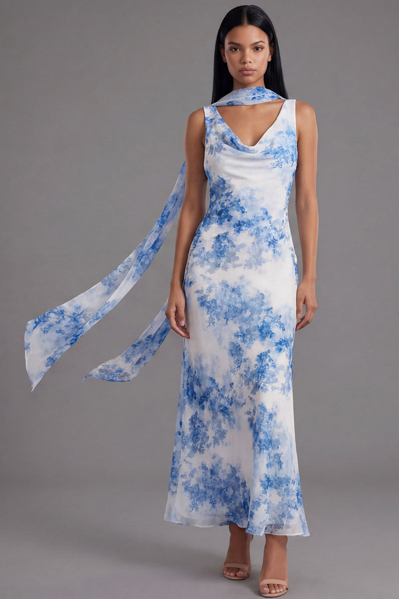 Load image into Gallery viewer, White Blue Flower Mermaid Neck Scarf Floral Maxi Beach Wedding Guest Dress